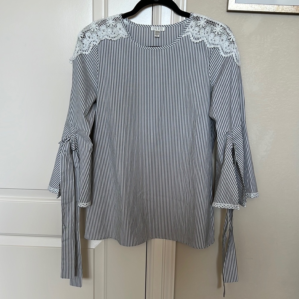 Spense stripped lace trimmed flutter sleeve top